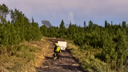 A Georgia Forestry handcrew works a containment line at dusk on Day 18, smoke columns rising in the distant pine canopy, a temporary visitor sign for a closed Forest Service facility in the foreground.