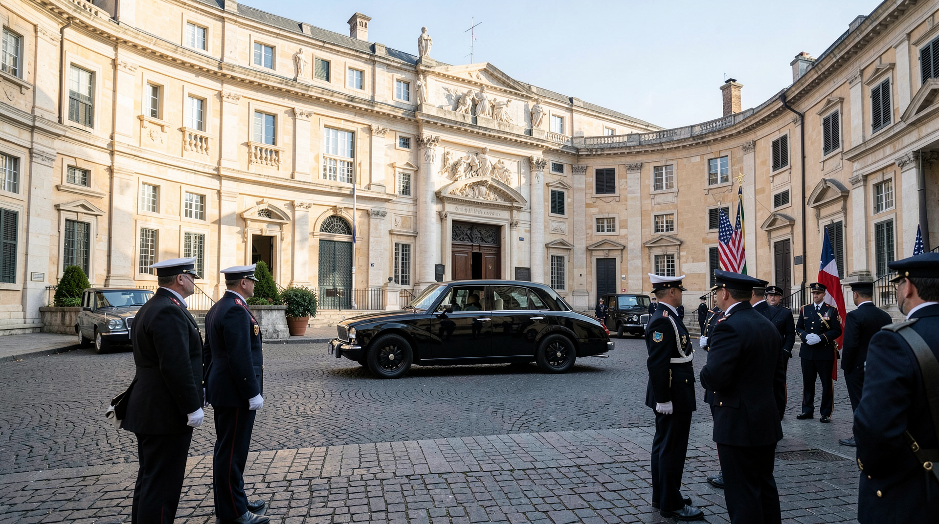 The Apostolic Palace courtyard at 11:15 a.m. Rome time. A motorcade is arriving in the foreground. Swiss Guards stand at attention. A flag of the Holy See and a flag of the United States hang in the same frame.