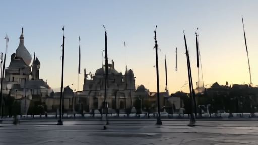 An empty Red Square reviewing stand at dawn before the parade with two diplomatic flags — Belarus and Slovakia — set on the riser, the rest of the standards stowed.