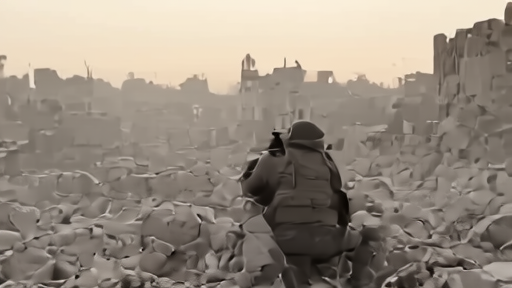 Photographer in flak vest carrying camera through rubble in northern Gaza