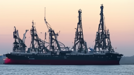 An Aramco crude-loading terminal at the Persian Gulf coast with a tanker mid-load in dusk light.