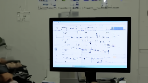 Utah county public-health office mid-morning, a public-health nurse at a workstation reviewing a case-count spreadsheet, immunization information board on the wall behind.
