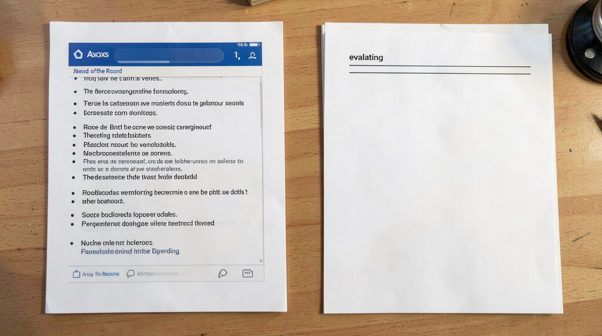 Side-by-side print mock of the Axios fourteen-point bullet list on the left and an empty bracketed page-of-the-record on the right marked 'evaluating'.