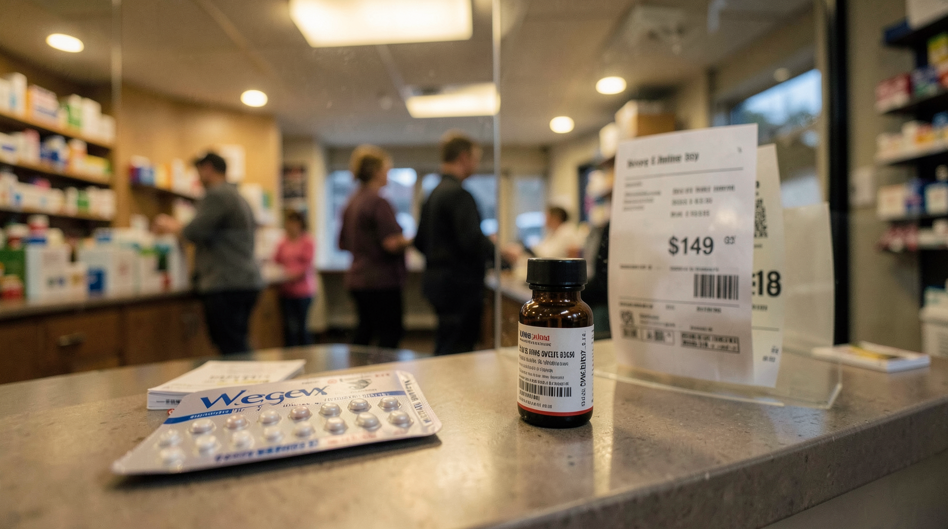 A pharmacy counter at evening with a Wegovy-pill blister pack in the foreground, a queue of patients reflected in the glass, a $149 receipt visible on the counter.