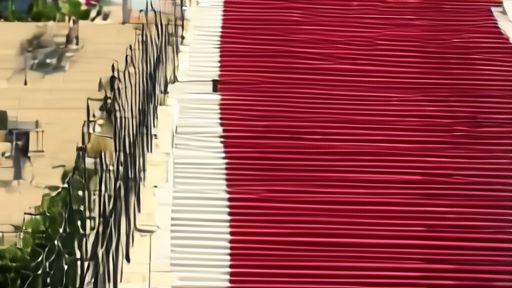 The Palais des Festivals red staircase being prepared at midday with the official jury banner half-mounted above the canopy.