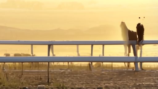 Golden Tempo on the Keeneland training track in early morning light, DeVaux watching from the rail