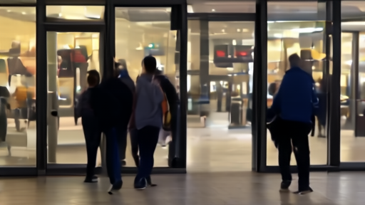 The Cloudflare San Francisco headquarters lobby at end of day with a small group of employees walking out carrying small boxes; an LED ticker on the wall showing CF stock down sharply after-hours.