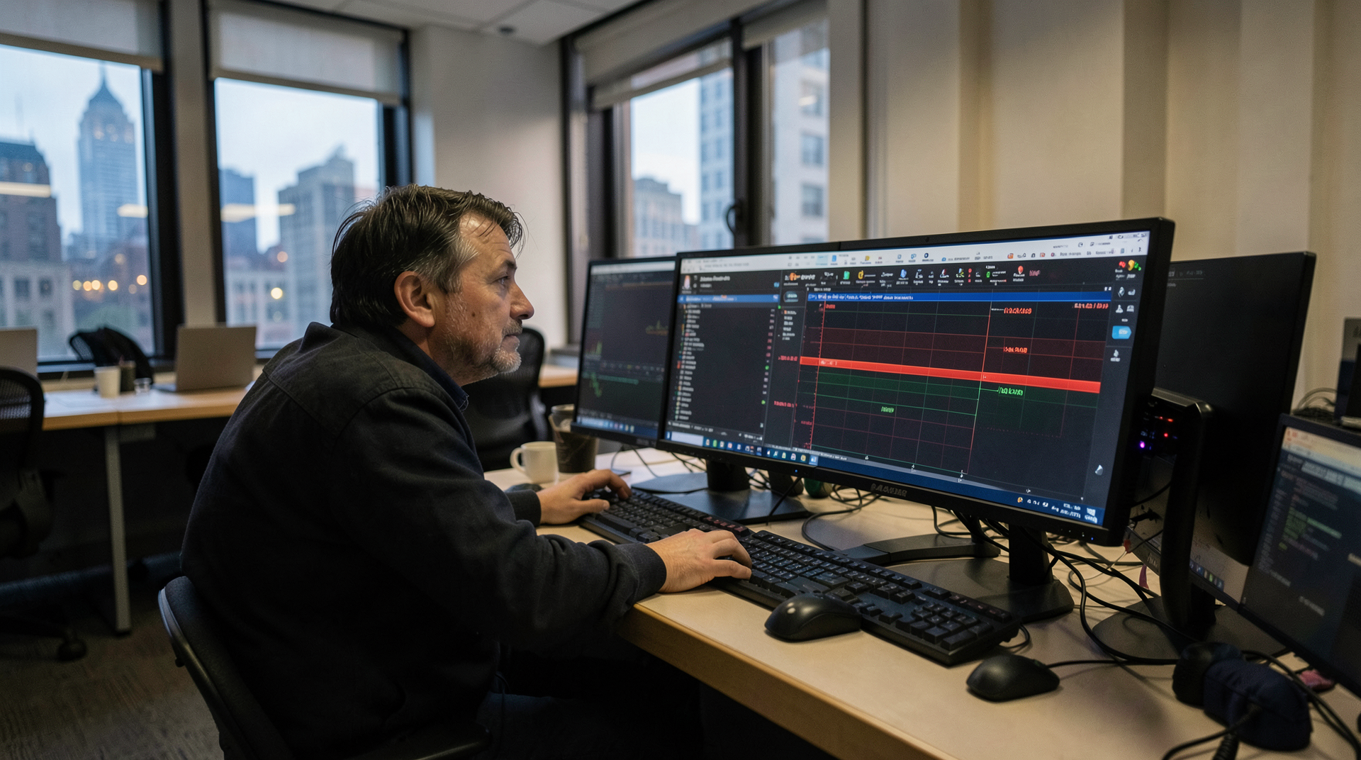 A trader at a Manhattan crypto over-the-counter desk turns away from a Bloomberg terminal showing the COIN ticker red after-hours, with two empty workstations in the background, chairs pulled out, laptops gone.
