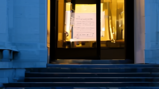 The U.S. District Court for the District of Columbia courthouse steps at dawn with a posted hearing list visible on a glass door, single marshal vehicle parked at the curb.