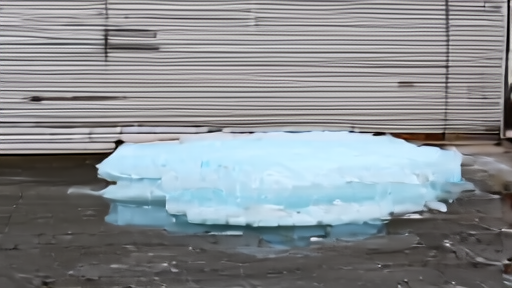 Toronto loading dock at first light, half-thawed blue ice block in foreground, OVO owl decal on the rolling door behind.