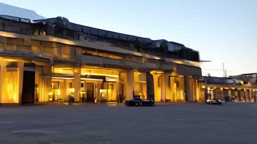 The ECB main building façade in Frankfurt at twilight with lights coming on floor by floor and a single black sedan parked at the entrance, no figure in frame.
