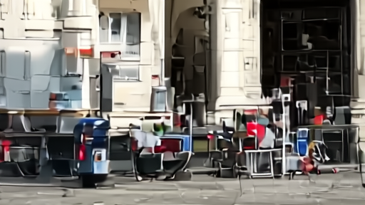 Wiener Stadthalle exterior under late-spring sun with a 70-Years-of-Eurovision banner unfurling along the entry colonnade as ORF crews stage cable runs.