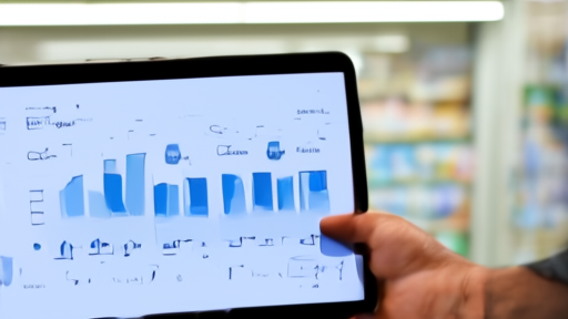 Pharmacy-chain regional manager checking the Friday IQVIA dashboard on a tablet, store aisle in soft focus, fluorescent reflection on the screen