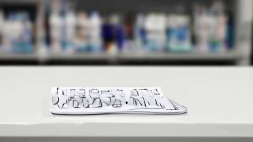 Pharmacy counter with a single Foundayo or Wegovy carton face-up, a printed FDA MedWatch sheet folded under the carton, no patient or pharmacist in frame