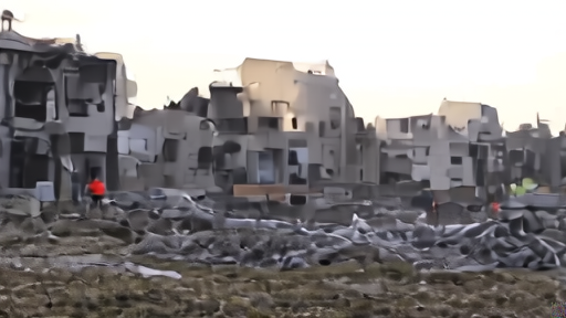 A Beirut southern suburbs civil-defense crew tagging rebar at first light next to a partially collapsed concrete building, no body in frame.