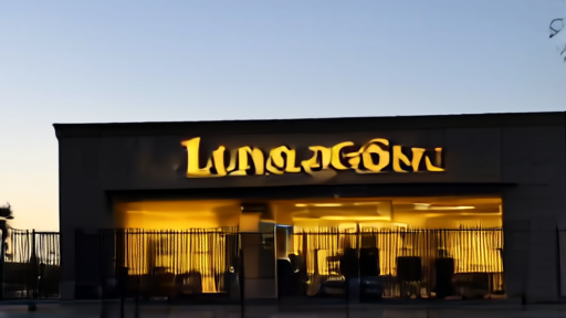 Lionsgate's Santa Monica office facade with the lion logo lit at dusk