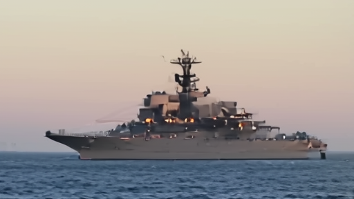 The Charles de Gaulle aircraft carrier at anchor in the southern Red Sea at first light, two Rafale fighters parked on the flight deck, escort frigate visible on the far horizon.