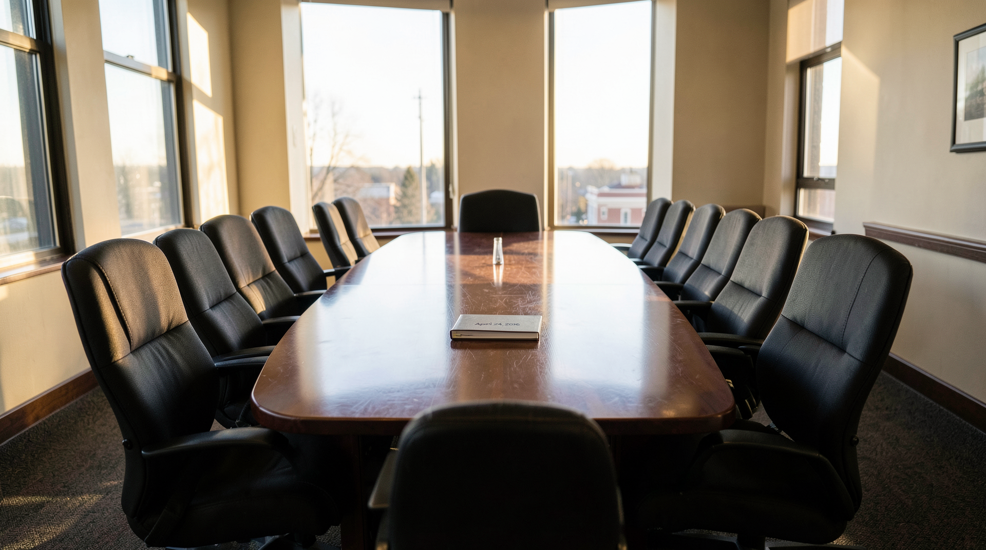 An empty National Science Foundation boardroom in Alexandria, Virginia, twenty-two vacant chairs around a long polished conference table, a single binder labeled April 24, 2026 sitting at the head, late-afternoon sun angling through tall windows.
