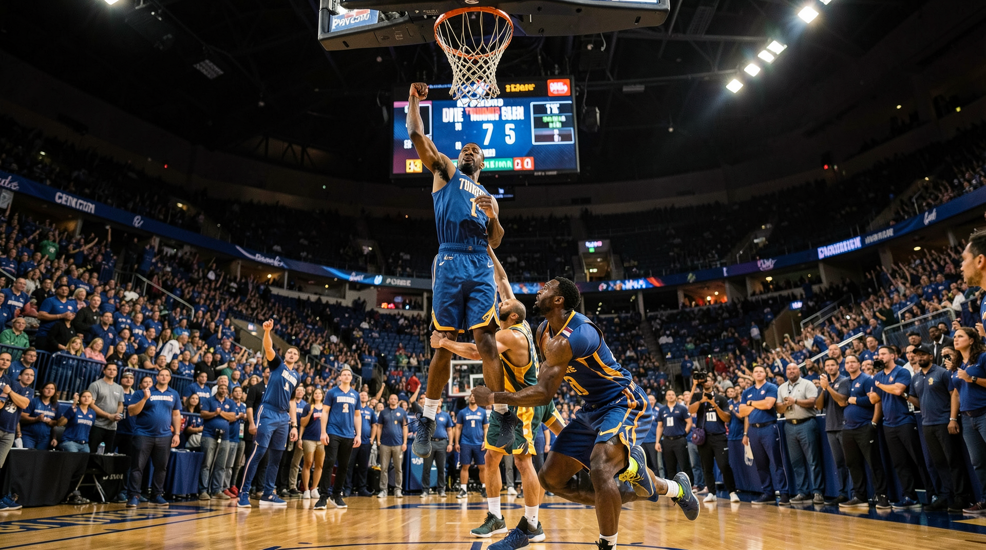 Chet Holmgren rises in the lane at Paycom Center late in Game 2, a Lakers defender contesting from below, the scoreboard partially visible showing a Thunder lead well into double digits.