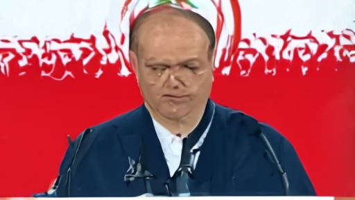 Pezeshkian at a Tehran lectern, microphones forward, the Iranian flag behind him.