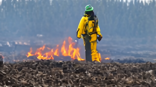 A wildland firefighter in yellow Nomex gear and a hardhat walks through smoldering pine duff with a drip torch in one hand at a Pineland fire backburn line; orange embers glow in the late-afternoon haze along the Georgia-Florida border.