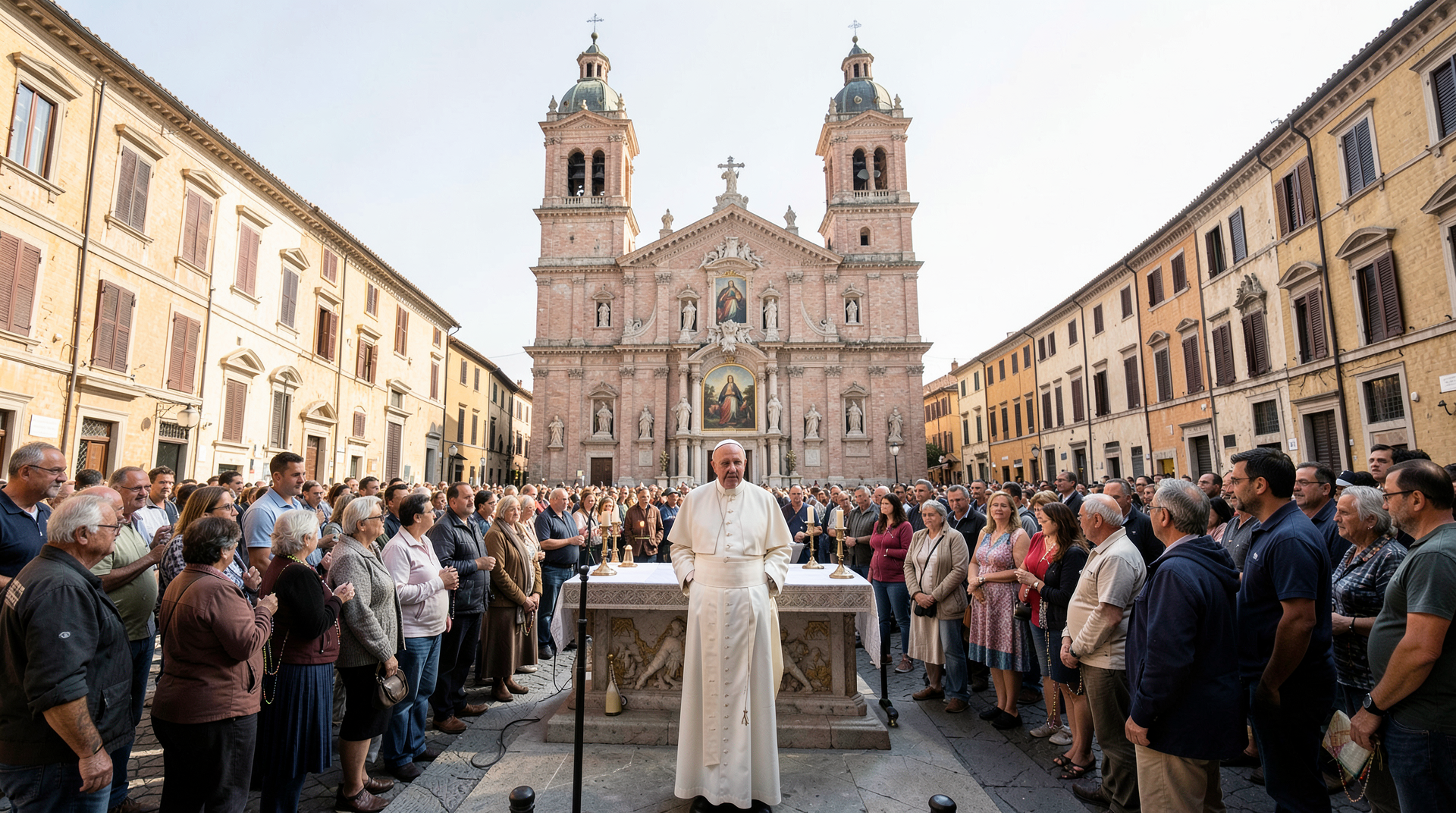 Pope Leo XIV in white vestments stands at an outdoor altar in Piazza Bartolo Longo with the Pompeii basilica's twin bell towers behind him; a crowd of Italian pilgrims fills the square in late-morning light, some holding rosaries.
