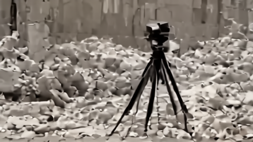 A photographer's tripod and camera body on rubble outside a Gaza building, accreditation lanyard visible