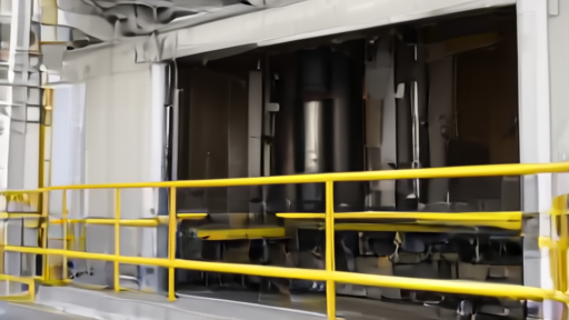 Hawthorne SpaceX manufacturing-floor mezzanine view at shift-change with Falcon stack in the bay, late-afternoon light