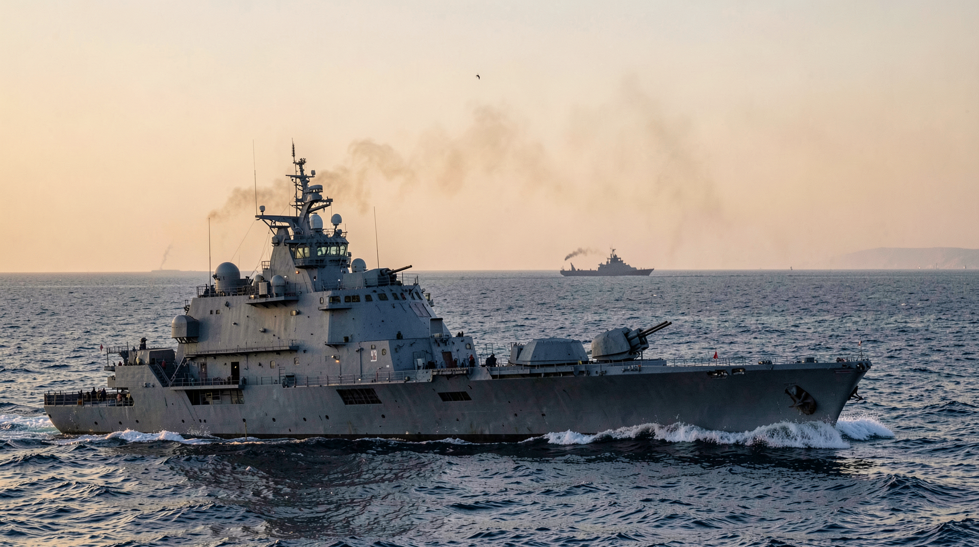 An Arleigh Burke-class U.S. Navy destroyer cuts through dawn waters in the Strait of Hormuz with a thin column of dark smoke on the horizon and the silhouette of a small Iranian fast-attack craft in the middle distance.