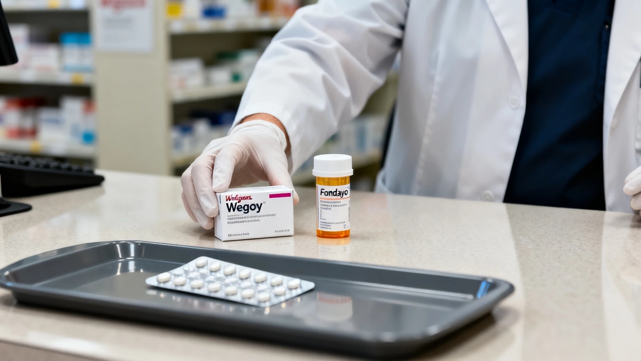A suburban pharmacy counter at midday with a Wegovy pill blister pack and a Foundayo bottle side by side on the consultation tray, a pharmacist's gloved hand reaching for the Wegovy box.