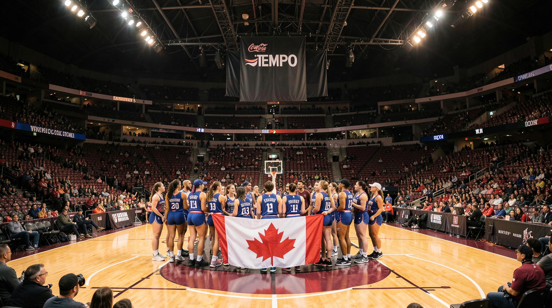 Coca-Cola Coliseum interior at pregame, Toronto Tempo players in inaugural-season jerseys huddle at center court, a Canadian flag draped over a section of the lower bowl, a TEMPO banner suspended from the rafters.