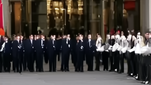 A U.S. congressional delegation in dark suits walking out of the Diaoyutai State Guesthouse in Beijing past a row of Chinese honor guards in white gloves; a Chinese flag flies above the entrance.