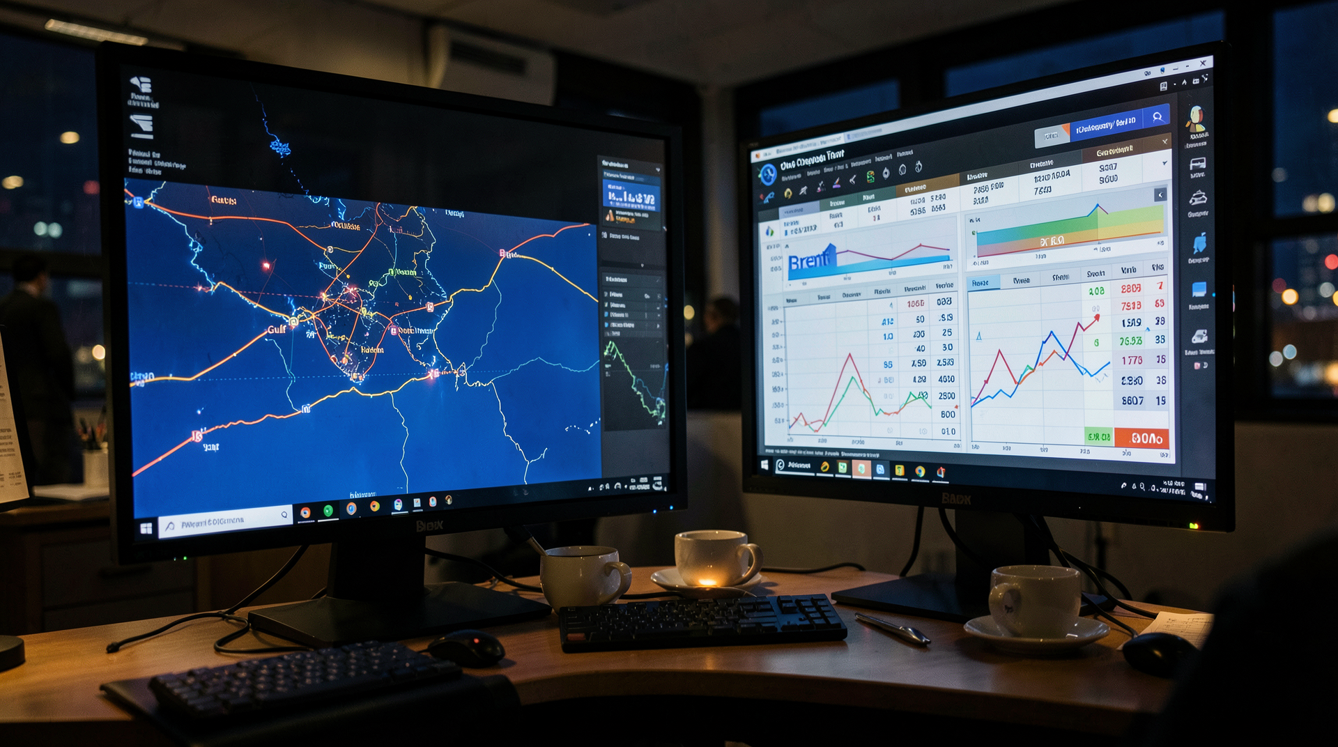 An oil trading desk with Gulf shipping lanes on one screen and an Aramco earnings calendar on another.