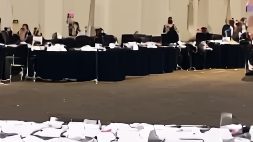 A Cannes jury table set with name cards and empty chairs before a press conference.