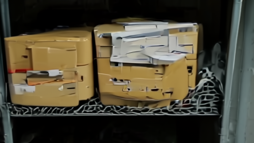 Reel-to-reel tapes and a portable hard drive sit on a metal shelf in a dim radio archive room.