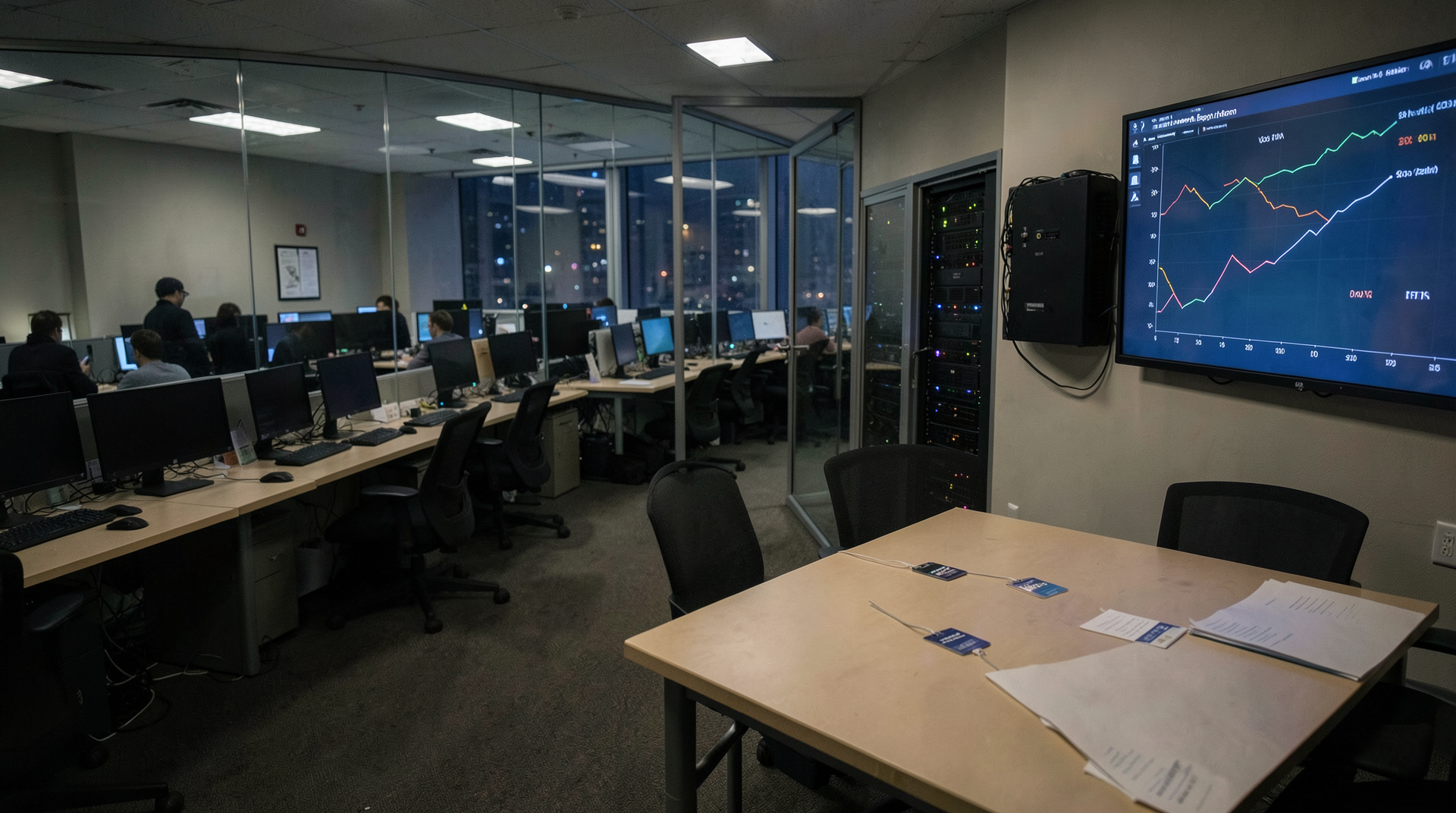 A modern tech office with empty desks, a server rack glow, and a wall screen showing a quarterly earnings chart.