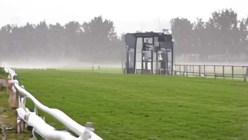 A Saratoga backstretch rail sits empty at dawn with a Preakness starting gate blurred in the distance.
