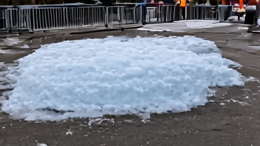 A melting Toronto ice sculpture lit by a streamer camera and phone screens