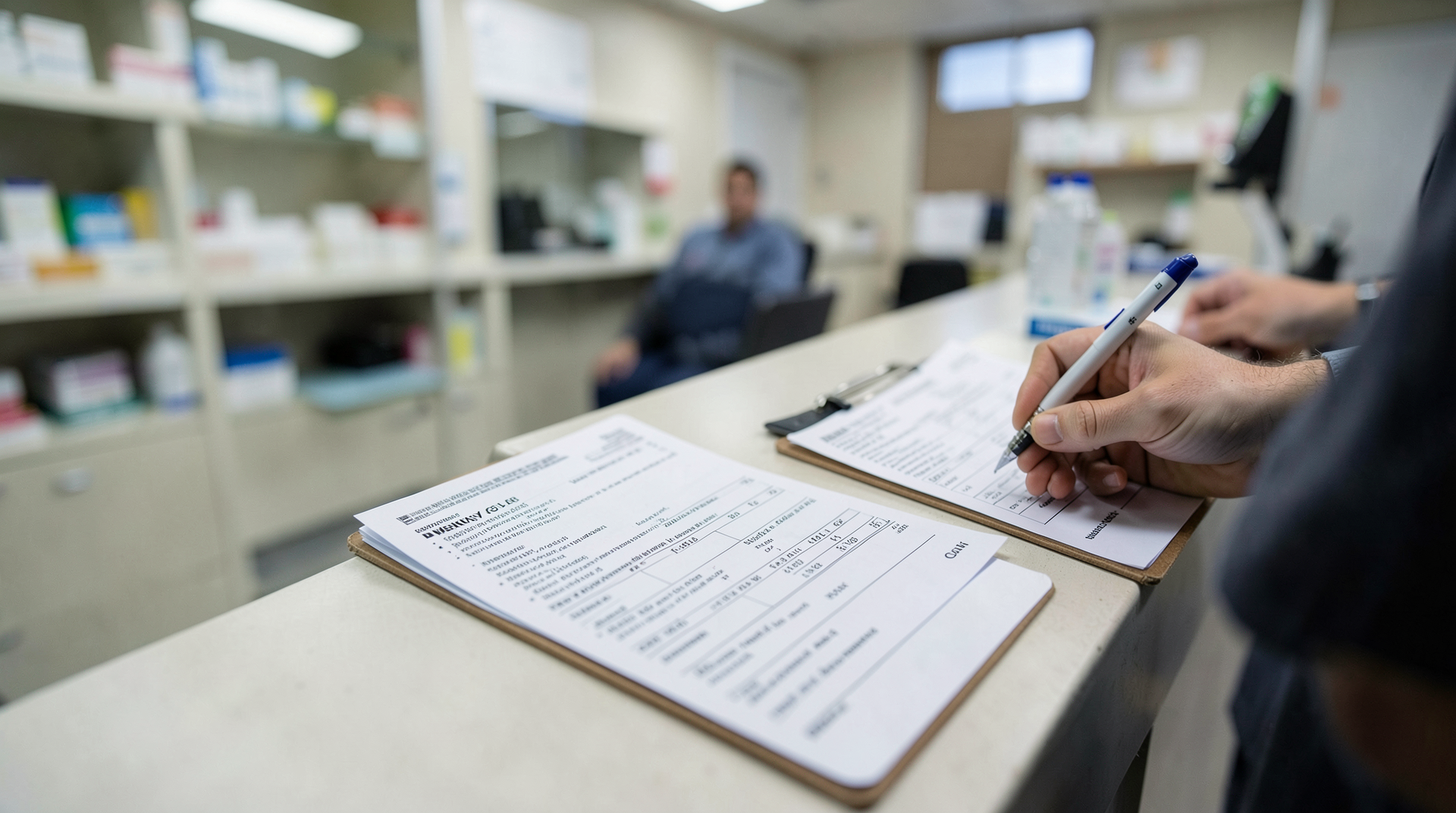 A pharmacy counter with two GLP-1 prescriptions, a printed receipt, and a pharmacist's hand marking weekly totals.
