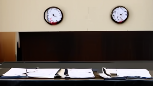 An empty hearing room wall with several clocks and no witness table occupied