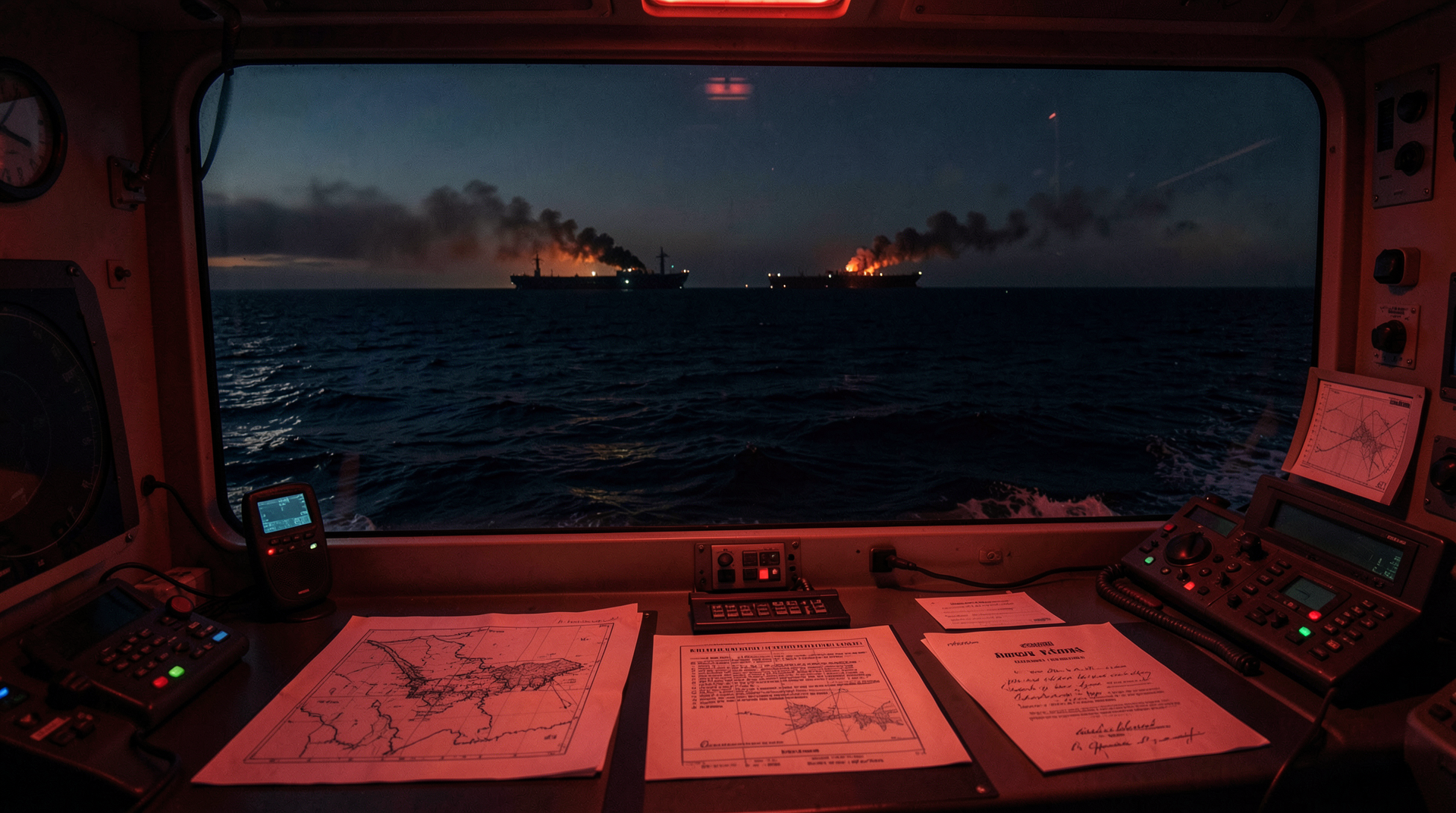 A tanker burns at night beyond a gray naval command table covered with diplomatic papers and navigation charts.