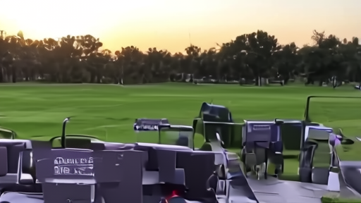 A golf course clubhouse at sunset with empty sponsor boards and investment folders on a table.