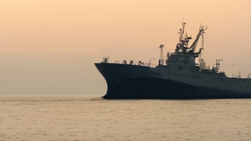 A tanker at dawn under patrol-boat shadow in the Gulf of Oman.