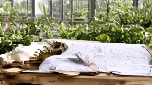 A quiet botanical garden greenhouse with field notebooks and pressed plant specimens on a worktable.