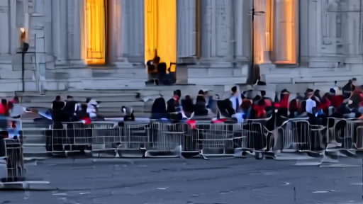 The Met steps are split between red carpet photographers and worker protest placards at dusk.