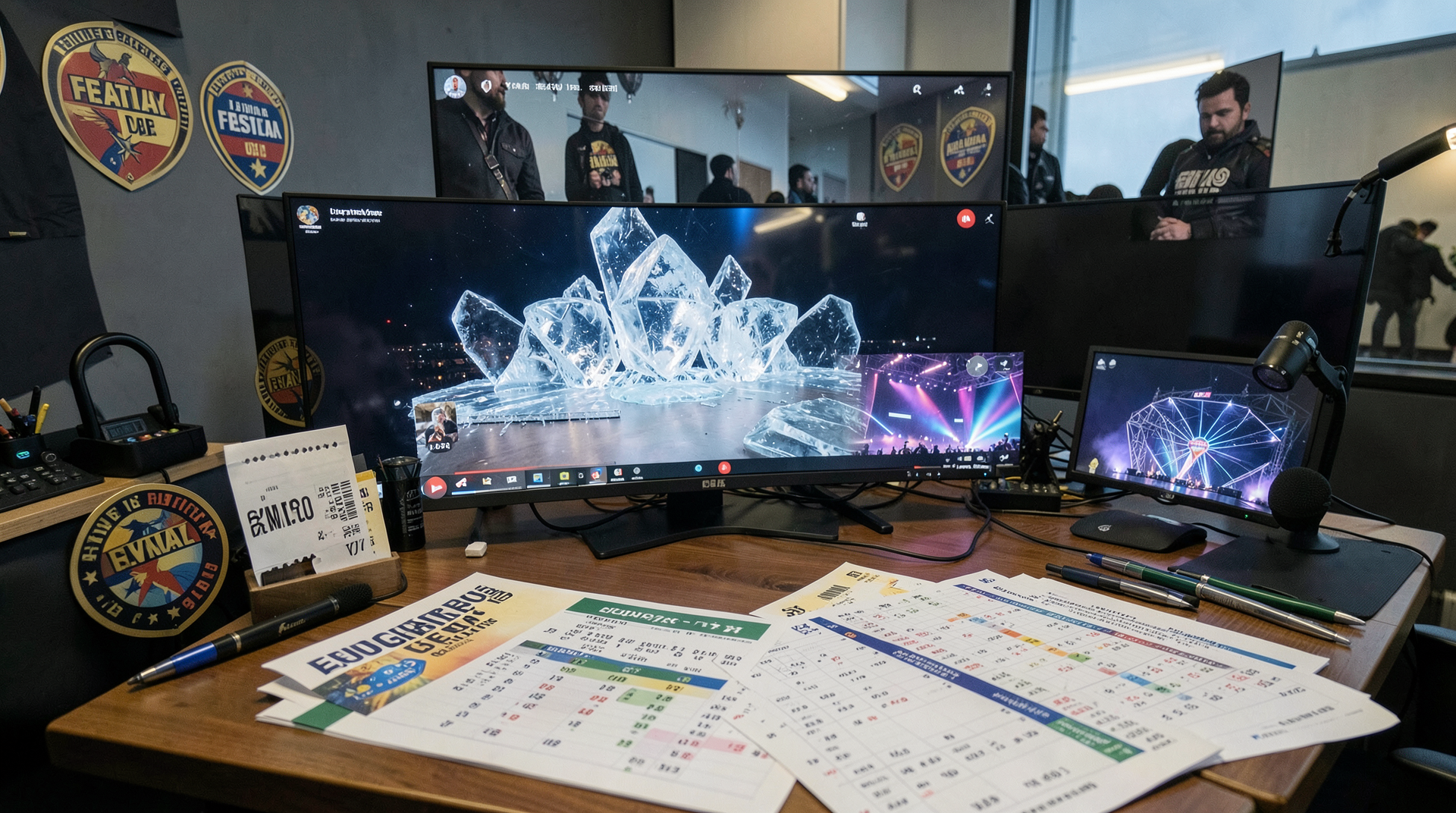 A collage-like entertainment command room with festival badges, a concert ticket, a livestream screen, and a chart printout.