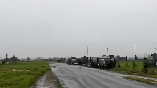 Empty prisoner-exchange buses wait near a checkpoint under a gray ceasefire morning.