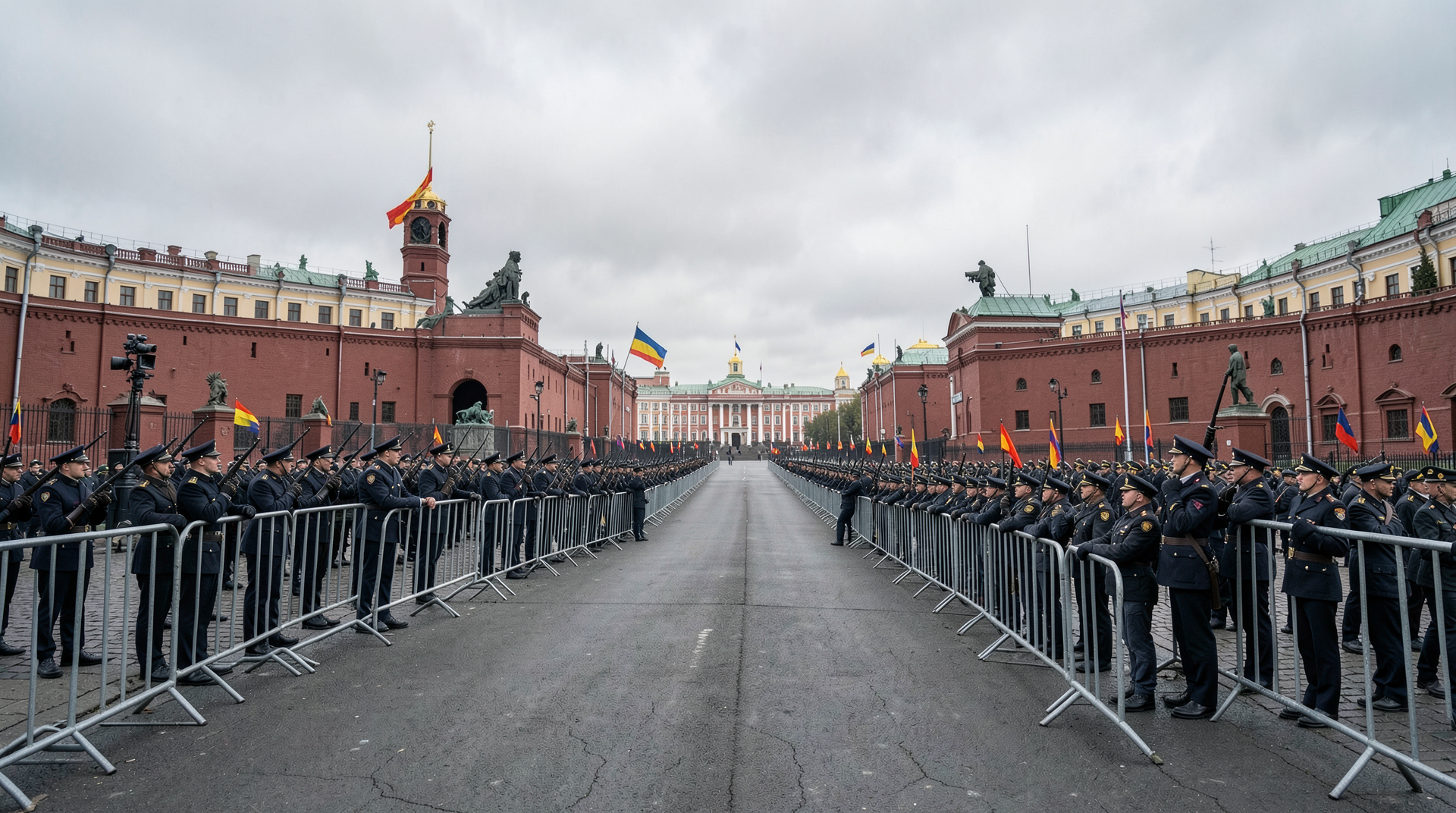 Red Square with security barriers, marching soldiers, and an empty stretch of pavement where tanks would normally pass.