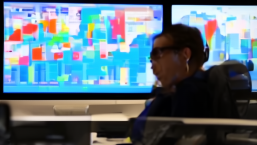 Trader at a Bloomberg terminal showing AMD and META split-screen with monitor reflection on glasses