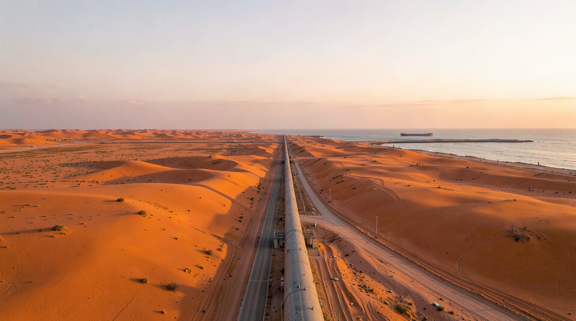 Aerial view of the East-West pipeline crossing the Saudi desert at dawn with a faint Hormuz tanker on the horizon